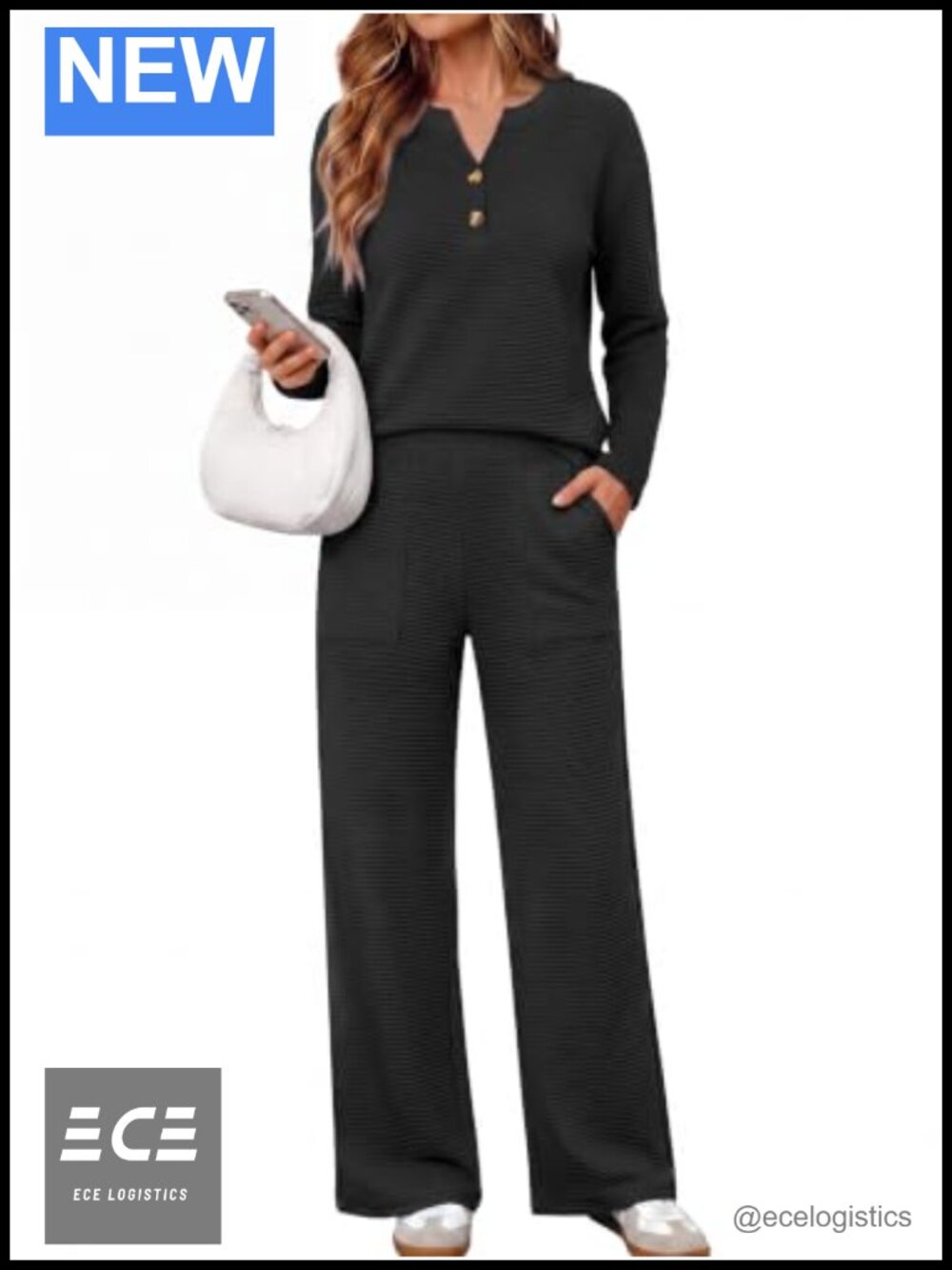 Women 2 Piece Lounge Set French Rib Knit Long Sleeve Wide Leg Pants Travel